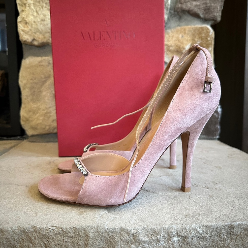 Valentino Garavani D'orsay Heeled Rhinestone Suede Sandals Pink Size US 10